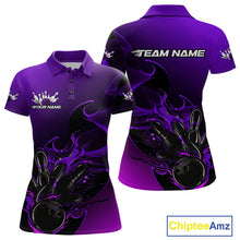 Load image into Gallery viewer, Custom Black And Purple Flame Bowling Team Women Polo Shirt, Bowling Tournament Shirt IPHW9869