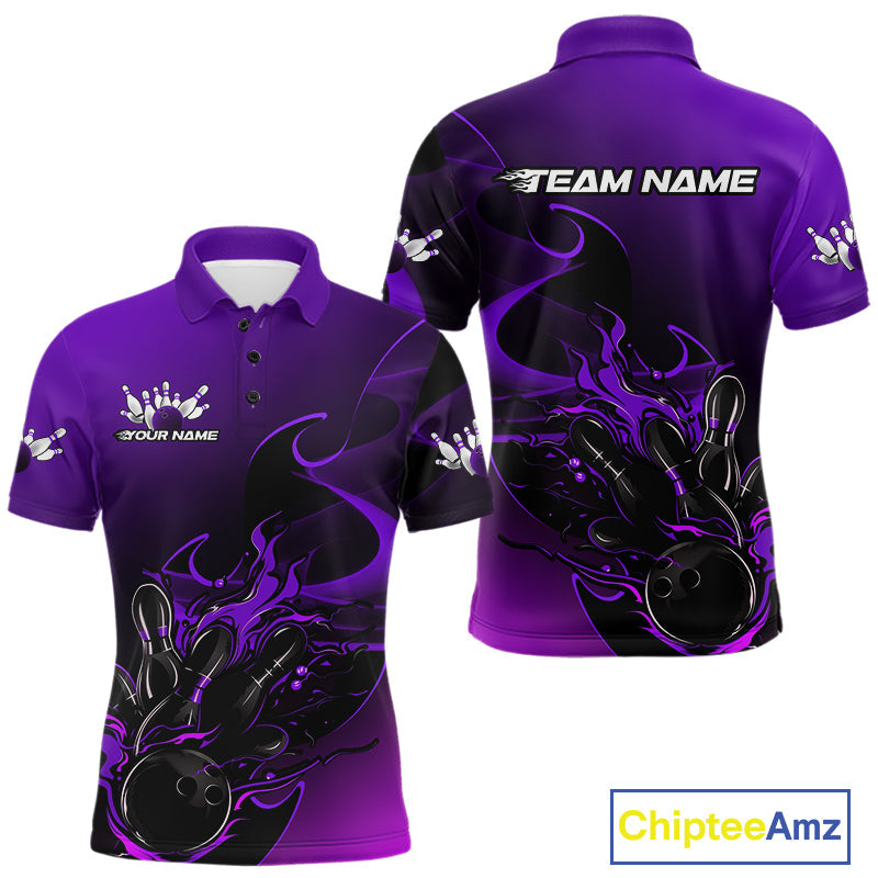 Custom Black And Purple Flame Bowling Team Men Polo Shirt, Bowling Tournament Shirt IPHW9869
