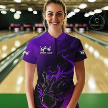 Load image into Gallery viewer, Custom Black And Purple Flame Bowling Women Quarter-Zip Shirt, Bowling Tournament Shirt IPHW9869