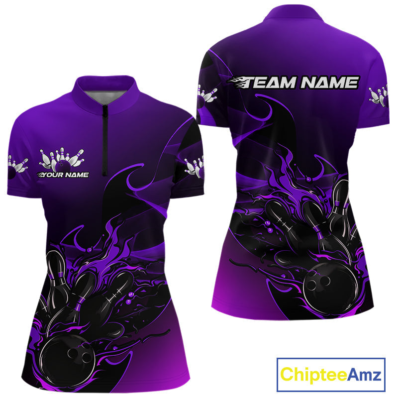 Custom Black And Purple Flame Bowling Women Quarter-Zip Shirt, Bowling Tournament Shirt IPHW9869