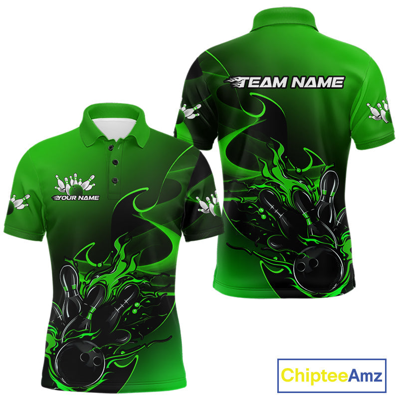 Custom Black And Green Flame Bowling Team Men Polo Shirt, Bowling Tournament Shirt IPHW9870