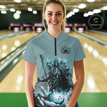 Load image into Gallery viewer, Custom Blue Flame Grim Reaper Bowling Women Quarter-Zip Shirts, Skull Halloween Outfit IPHW9897