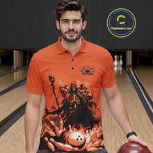 Load image into Gallery viewer, Custom Orange Flame Grim Reaper Bowling Men Polo Shirts, Piles Of Skull Halloween Outfit IPHW9898