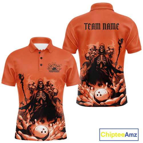 Custom Orange Flame Grim Reaper Bowling Men Polo Shirts, Piles Of Skull Halloween Outfit IPHW9898