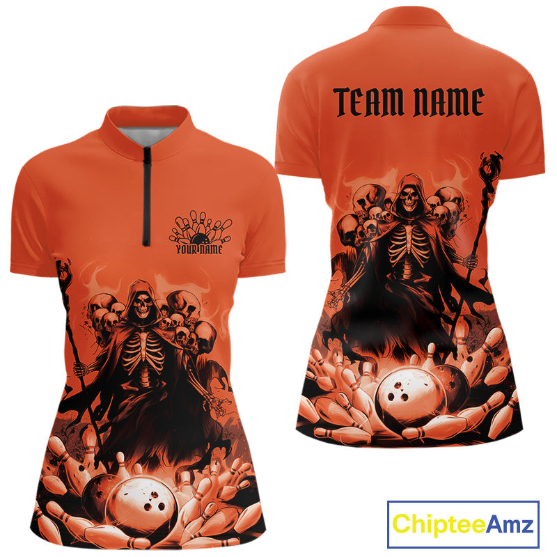Custom Orange Flame Grim Reaper Bowling Men Quarter-Zip Shirts, Piles Of Skull Halloween Outfit IPHW9898