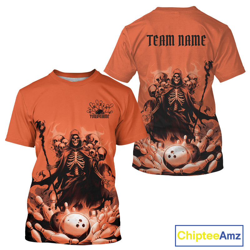 Custom Orange Flame Grim Reaper Bowling Men T-Shirts Shirts, Piles Of Skull Halloween Outfit IPHW9898