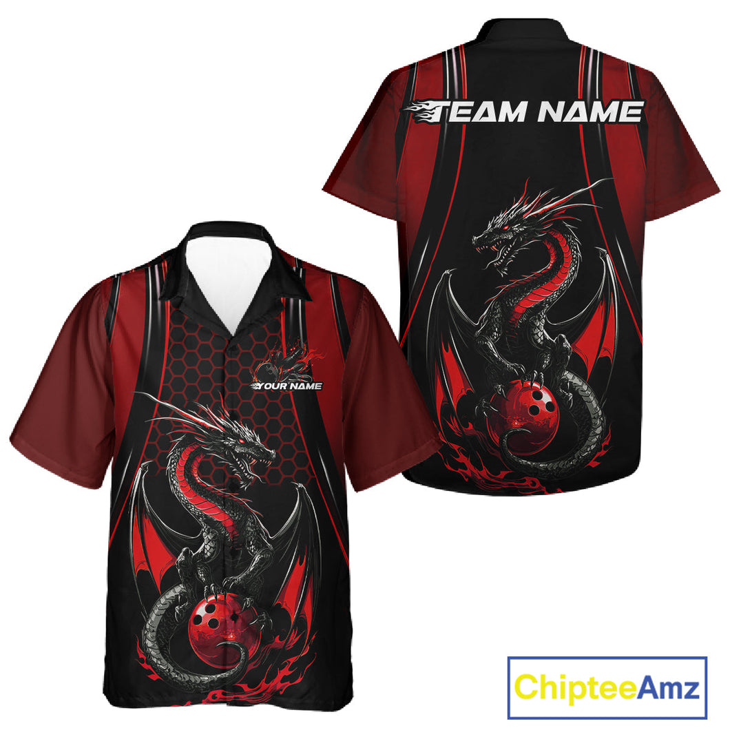 Custom Black And Red Flame Dragon Bowling Jerseys, Dragon Bowling Team Men And Women Hawaiian Shirt IPHW9905