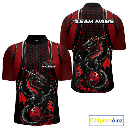 Custom Black And Red Flame Dragon Bowling Jerseys, Dragon Bowling Team Men Quarter-Zip Shirt IPHW9905