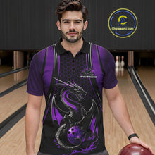 Load image into Gallery viewer, Custom Black And Purple Flame Dragon Bowling Jerseys, Dragon Bowling Team Men Polo Shirt IPHW9907