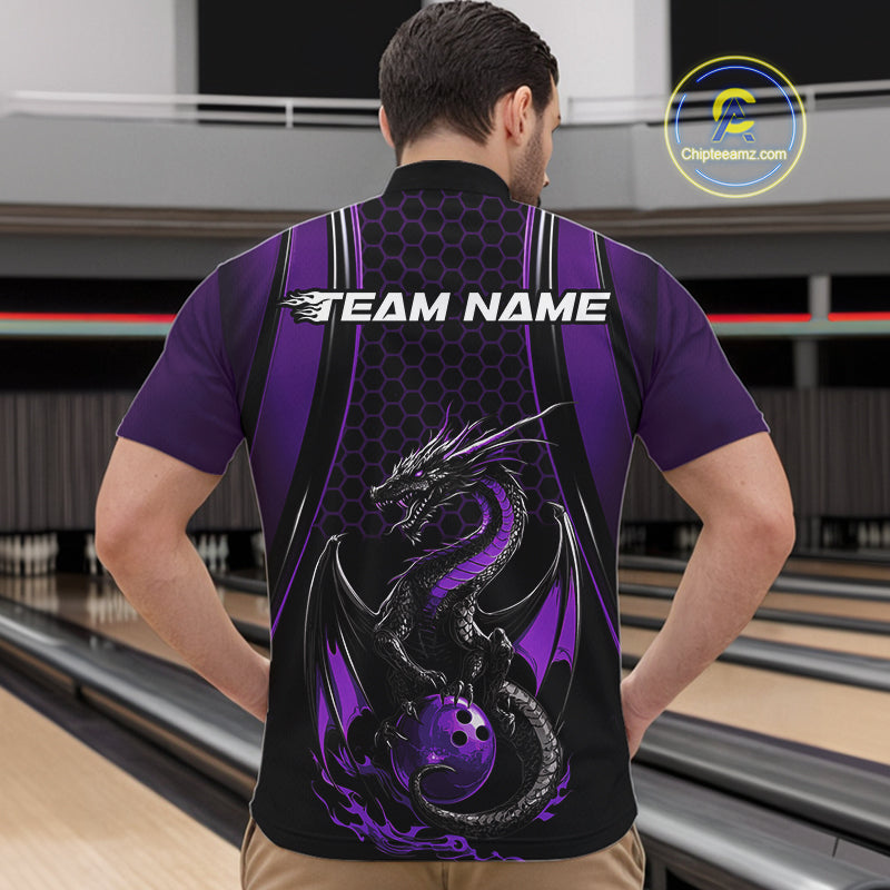 Custom Black And Purple Flame Dragon Bowling Jerseys, Dragon Bowling Team Men Quarter-Zip Shirt IPHW9907