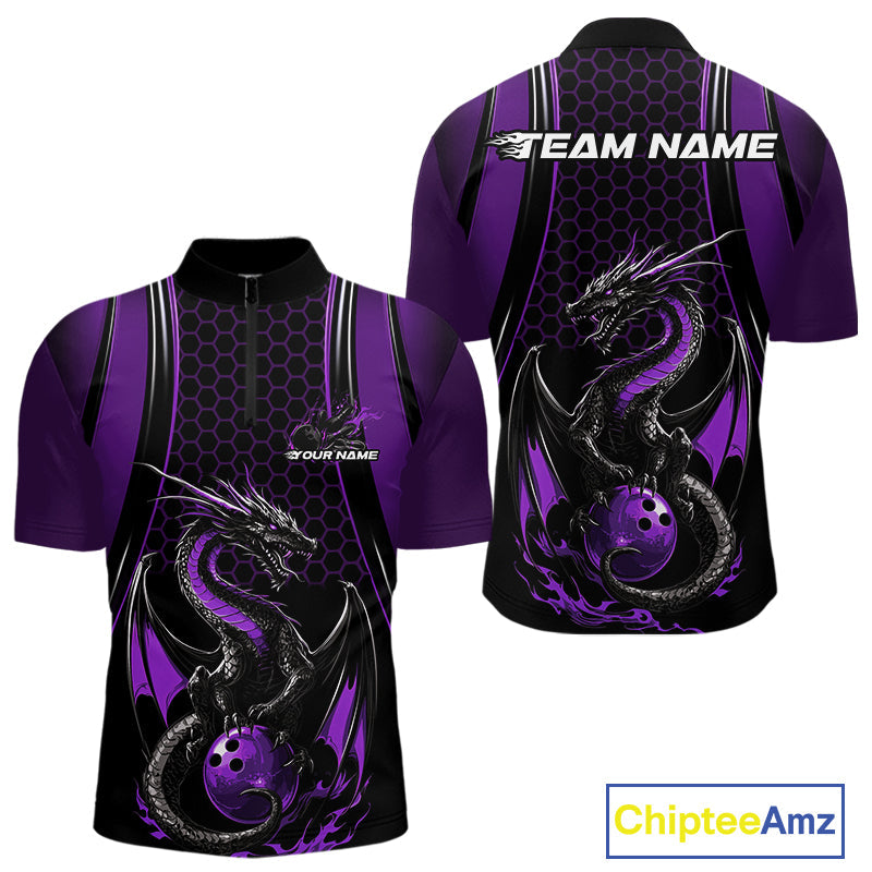 Custom Black And Purple Flame Dragon Bowling Jerseys, Dragon Bowling Team Men Quarter-Zip Shirt IPHW9907