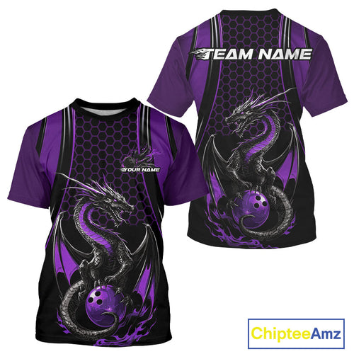 Custom Black And Purple Flame Dragon Bowling Jerseys, Dragon Bowling Team Men T-Shirts IPHW9907