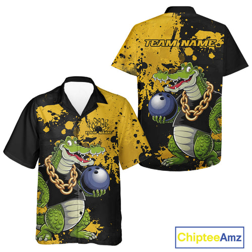 Custom Yellow Splatter Funny Alligator Bowling Men And Women Hawaiian Shirts, Bowling Team Shirts IPHW9920