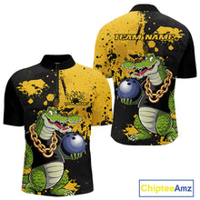 Load image into Gallery viewer, Custom Yellow Splatter Funny Alligator Bowling Men Quarter-Zip Shirts, Bowling Team Shirts IPHW9920