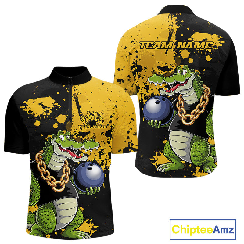 Custom Yellow Splatter Funny Alligator Bowling Men Quarter-Zip Shirts, Bowling Team Shirts IPHW9920
