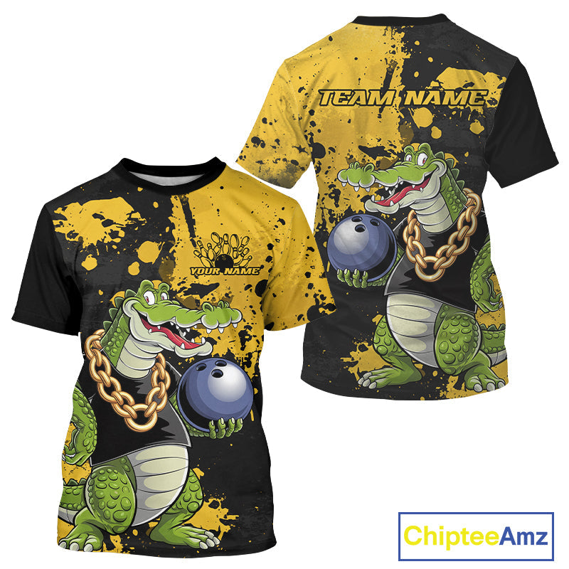 Custom Yellow Splatter Funny Alligator Bowling Men T-Shirts, Bowling Team IPHW9920