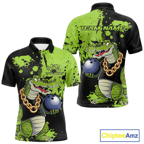 Custom Green Splatter Funny Alligator Bowling Men Polo Shirts, Bowling Team Shirts IPHW9921