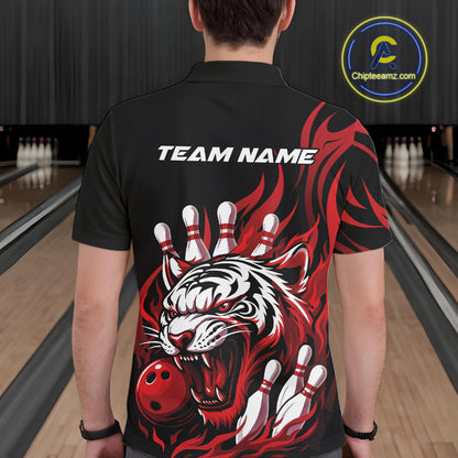 Custom Black And Red Tiger Men Bowling Jerseys, Tiger Bowling Team League Shirt IPHW10160