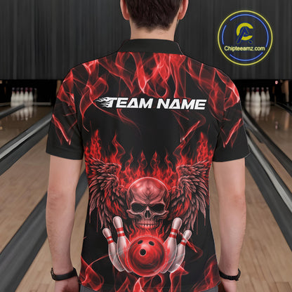 Custom Black And Red Flame Skull With Wings Men Bowling Shirt, Halloween Team Shirt IPHW10165