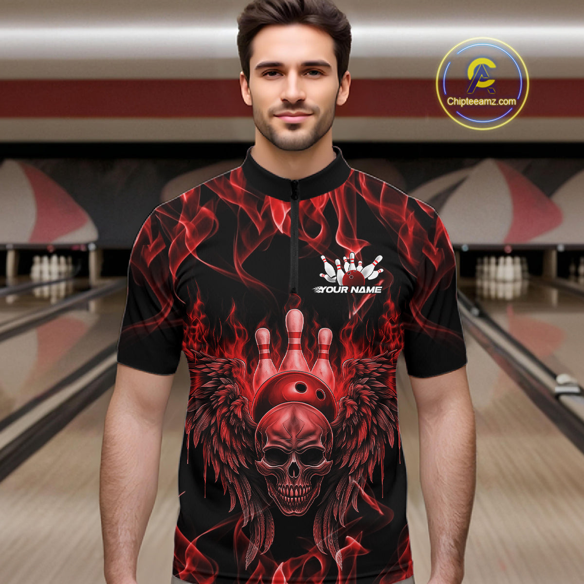 Custom Black And Red Flame Skull With Wings Men Bowling Shirt, Halloween Team Shirt IPHW10165