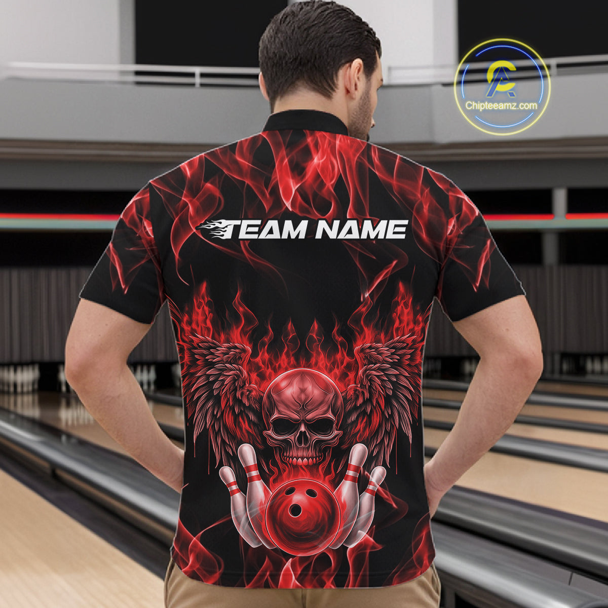 Custom Black And Red Flame Skull With Wings Men Bowling Shirt, Halloween Team Shirt IPHW10165