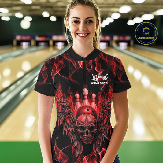Custom Black And Red Flame Skull With Wings Women Bowling Shirt, Halloween Team Shirt IPHW10165