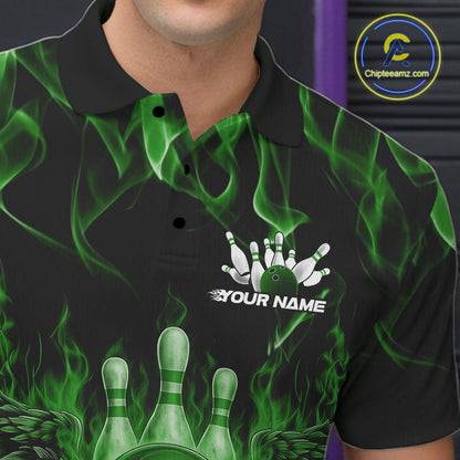 Custom Black And Green Flame Skull With Wings Men Bowling Shirt, Halloween Team Shirt IPHW10167