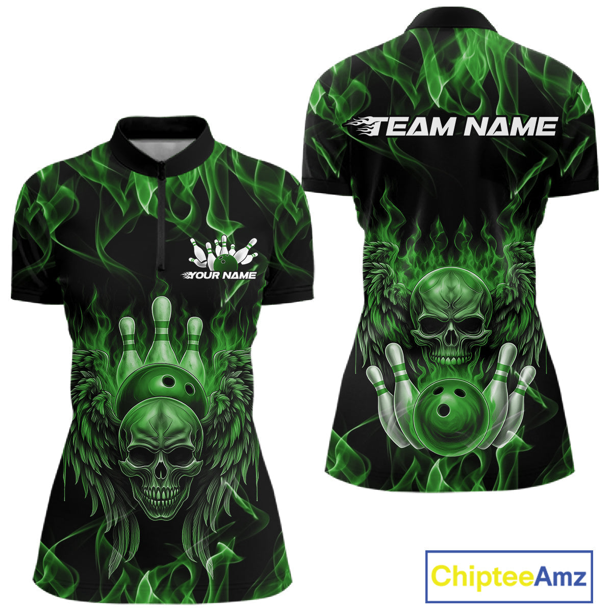 Custom Black And Green Flame Skull With Wings Women Bowling Shirt, Halloween Team Shirt IPHW10167
