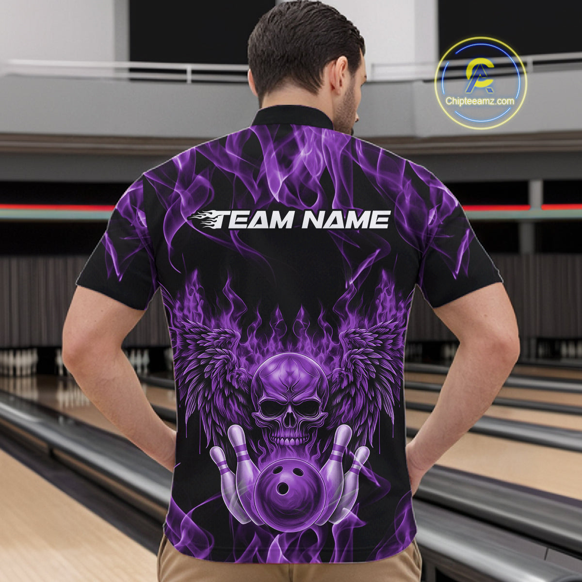Custom Black And Purple  Flame Skull With Wings Men Bowling Shirt, Halloween Team Shirt IPHW10168