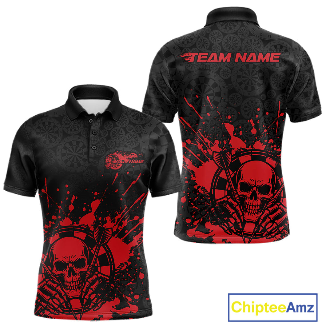 Custom Black And Red Splatter Dart Skull Men Polo Shirt, Dart Bone Halloween Team Jerseys IPHW9948