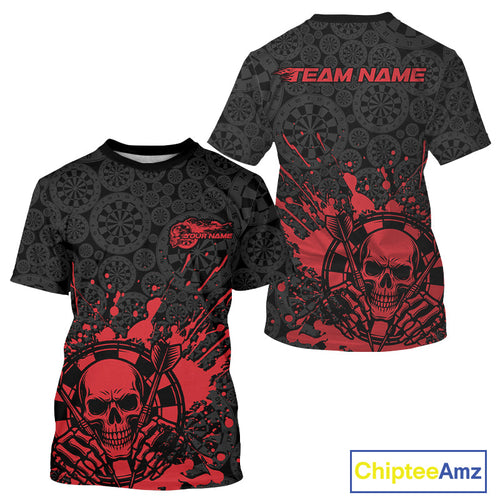 Custom Black And Red Splatter Dart Skull Men T-Shirts, Dart Bone Halloween Team Jerseys IPHW9948