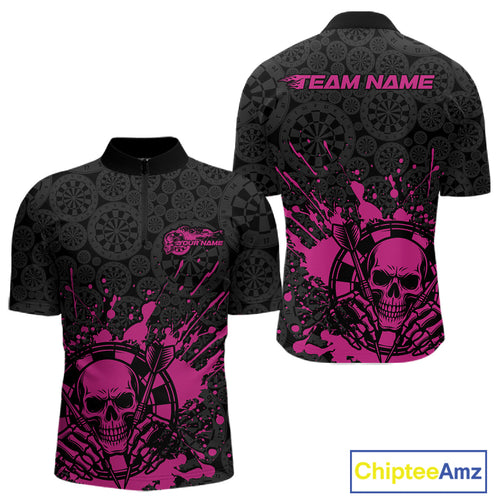 Custom Black And Pink Splatter Dart Skull Men Quarter-Zip Shirt, Dart Bone Halloween Team Jerseys IPHW9949