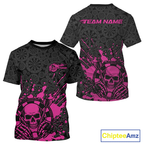 Custom Black And Pink Splatter Dart Skull Men T-Shirts, Dart Bone Halloween Team Jerseys IPHW9949