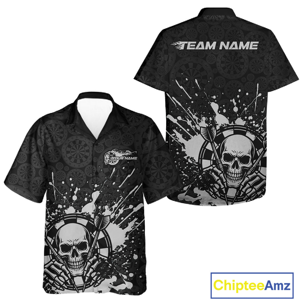 Custom Black And Gray Splatter Dart Skull Men And Women Hawaiian Shirt, Dart Bone Halloween Team Jerseys IPHW9951