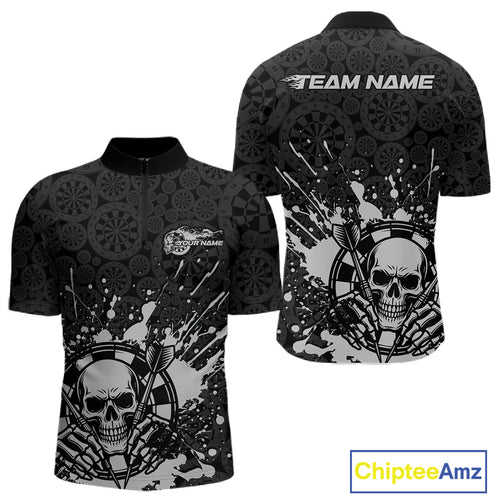 Custom Black And Gray Splatter Dart Skull Men Quarter-Zip Shirt, Dart Bone Halloween Team Jerseys IPHW9951