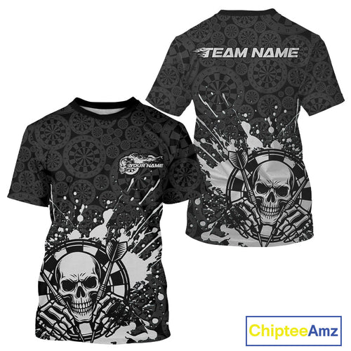 Custom Black And Gray Splatter Dart Skull Men T-Shirts, Dart Bone Halloween Team Jerseys IPHW9951