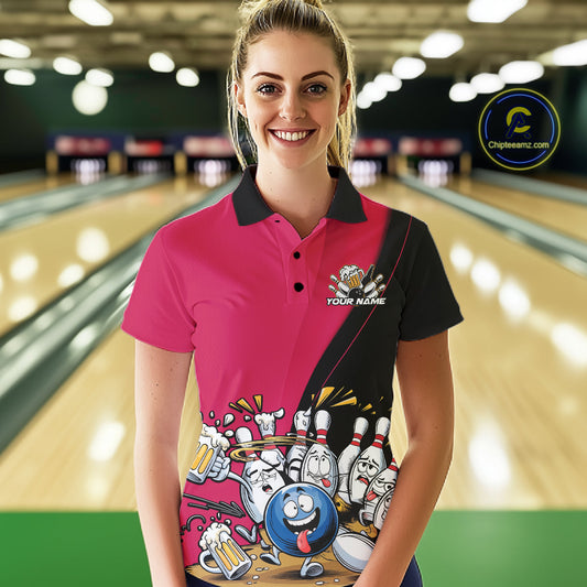 Custom Pink Funny Bowling Women Polo Shirts, Bowling And Beer Party Bowlers Outfit IPHW10817