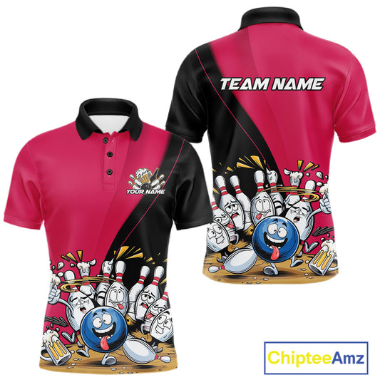 Custom Pink Funny Bowling Men Polo Shirts, Bowling And Beer Party Bowlers Outfit IPHW10817