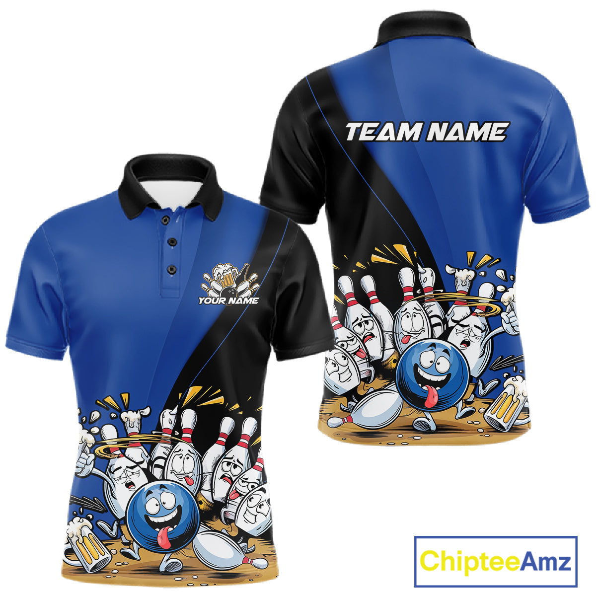 Custom Blue Funny Bowling Men Polo Shirts, Bowling And Beer Party Bowlers Outfit IPHW10818