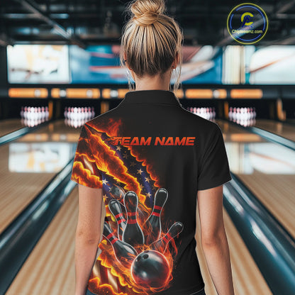 Custom Patriotic Flame Women Bowling Team Shirt, US Flag Bowling League Team Shirt IPHW10193