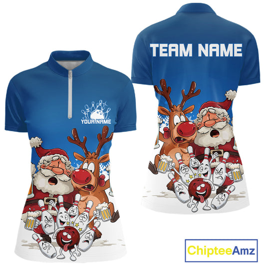 Custom Blue Funny Christmas Women Bowling Shirts, Bowling And Beer Xmas Party Shirt IPHW10205