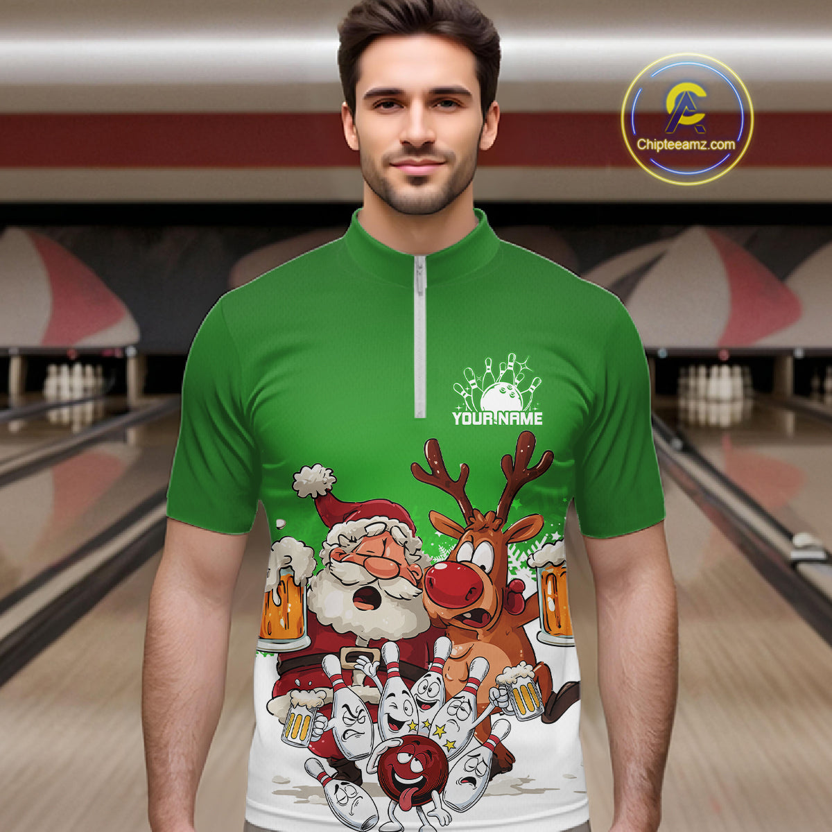 Custom Green Funny Christmas Men Bowling Shirts, Bowling And Beer Xmas Party Shirt IPHW10207