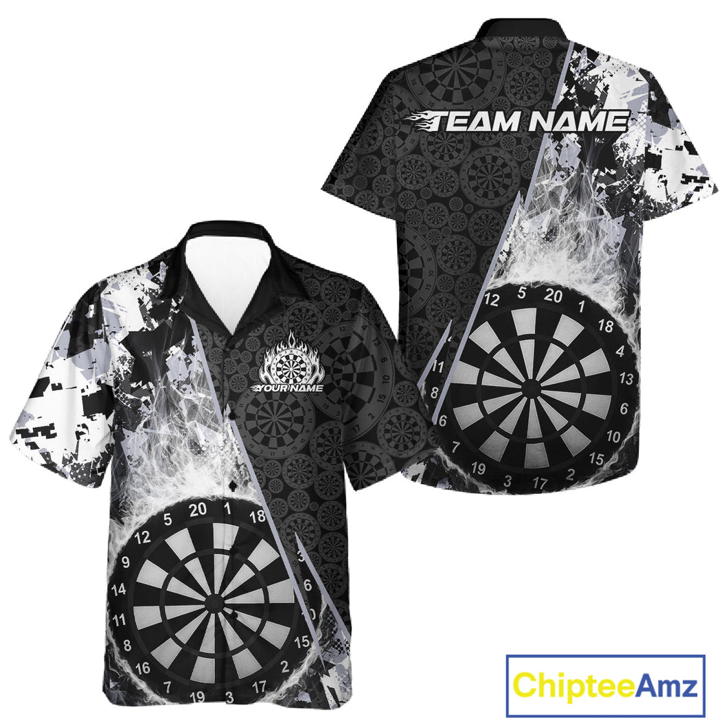 Custom Black And White Dartboard Camo Smoke Dart Team Men And Women Hawaiian Shirts, Dart Jerseys IPHW9973