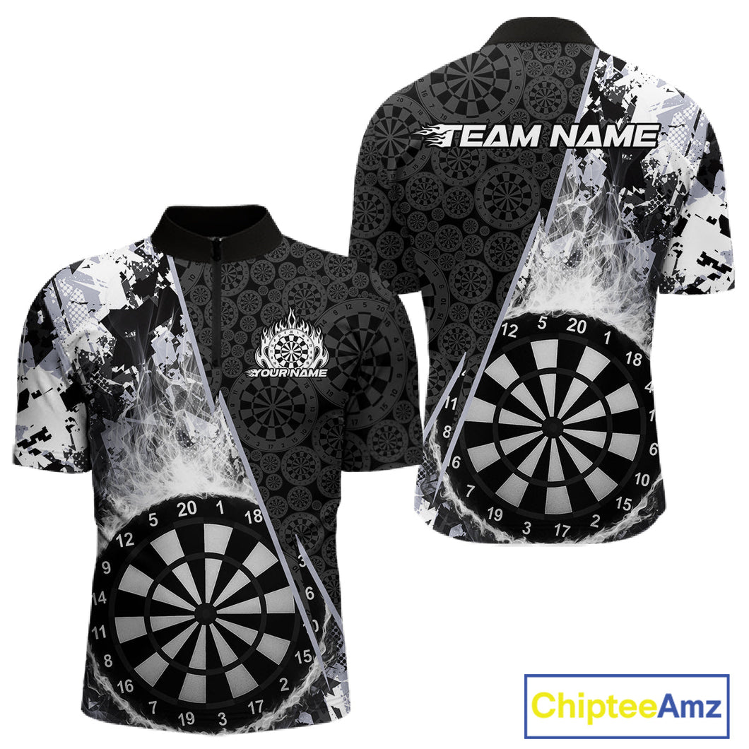 Custom Black And White Dartboard Camo Smoke Dart Team Men Quarter-Zip Shirts, Dart Jerseys IPHW9973