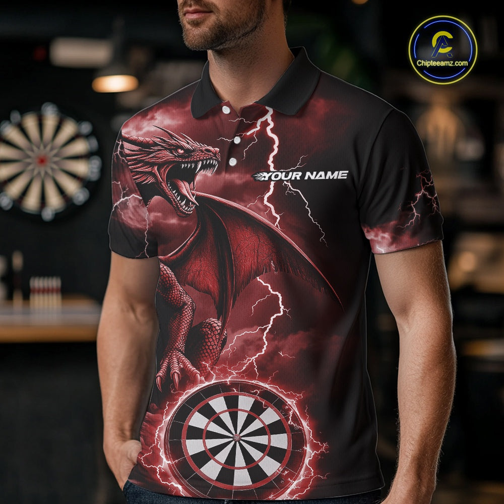 Custom Red Lightning Dragon Darts Men Polo Shirts, Dragon Darts Team Jersey IPHW10386