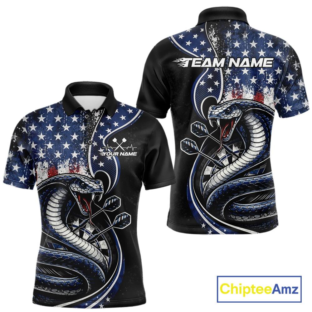 Custom Grunge US Flag Patriotic Cobra Snake Dart Men Polo Shirt, Dart Jerseys IPHW10392