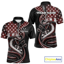Load image into Gallery viewer, Customizable red and black stars and stripes patriotic cobra snake men's dart polo shirt featuring a "TEAM NAME" text on the back.
