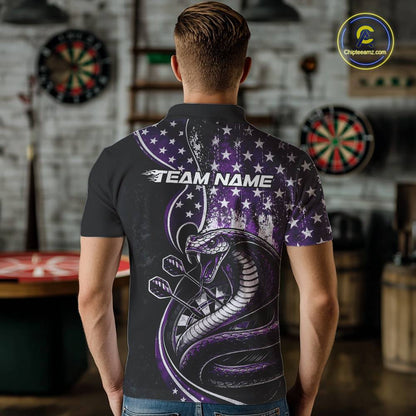 Male model showcasing the back design of a custom purple and black stars and stripes patriotic cobra snake men's dart polo shirt with a customizable "TEAM NAME" text template in an indoor setting.