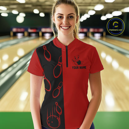 Red and Black retro vintage Bowling polo, quarter zip shirts for Women custom Bowling team jerseys NQS11565