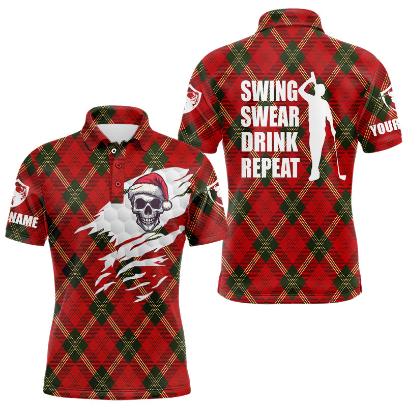 Mens golf polo shirt swing swear drink repeat custom red plaid Christmas pattern golf shirt NQS4281